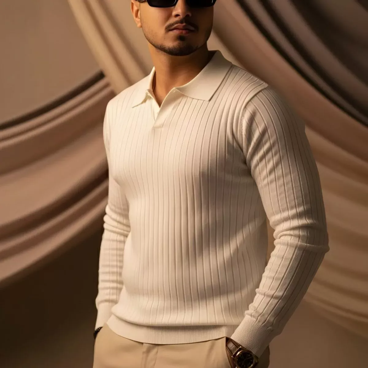 MEN'S  DIAMOND KNIT POLO CREAM CODE-KP98