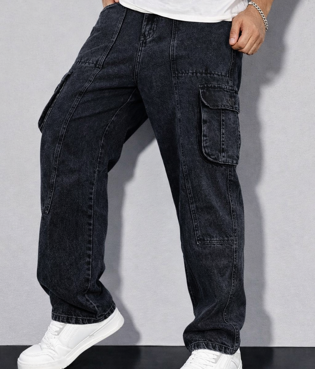 MEN'S BLACK WASHED CARGO JEANS- CODE 999