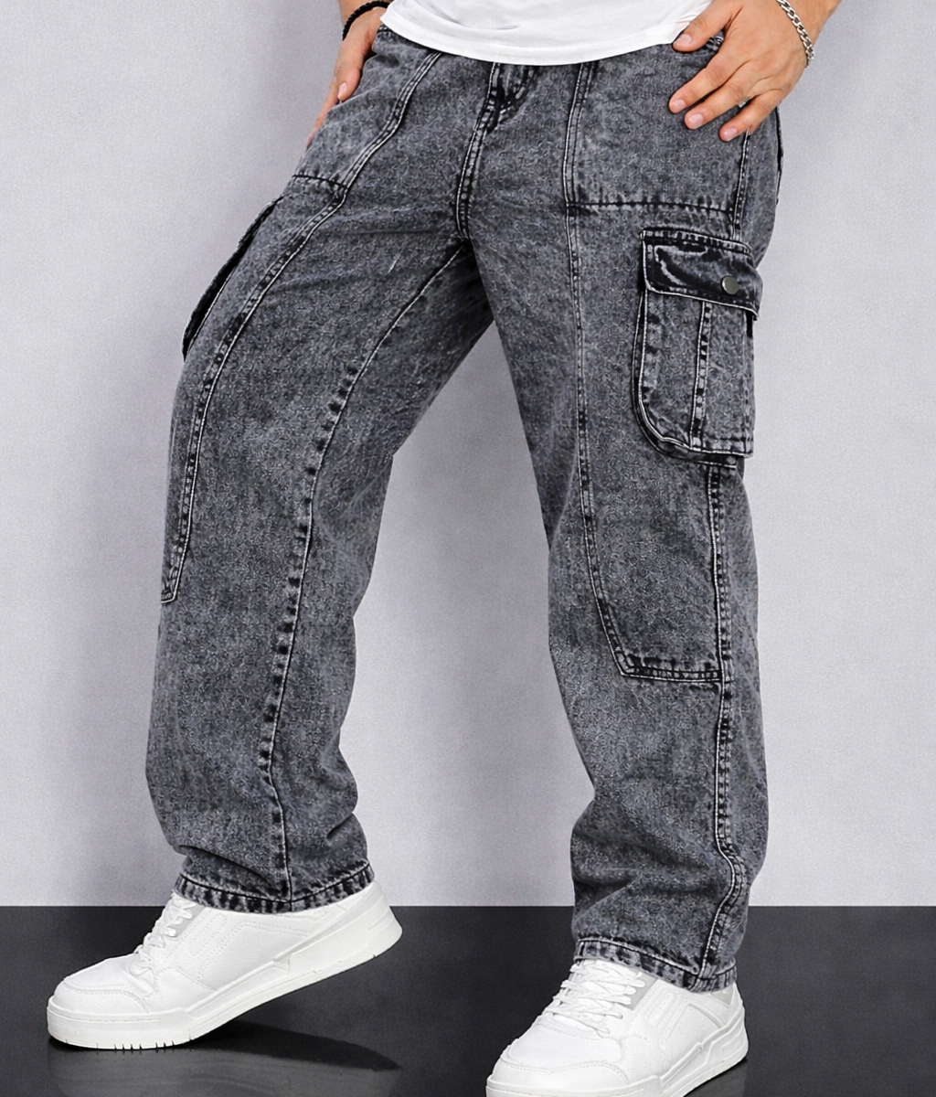 MEN'S GREY WASHED CARGO JEANS- CODE 998